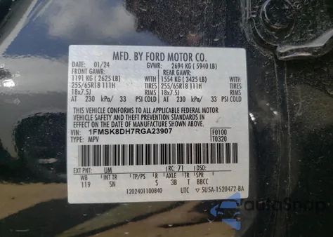 2024 Ford Explorer Xlt z USA, uszkodzony, nr VIN 1FMSK8DH7RGA23907